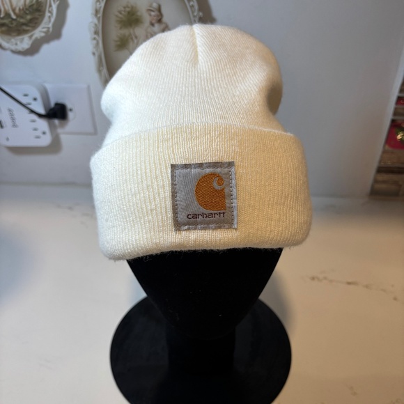 Carhartt Spell Out Box Logo Patch Knit Winter Beanie Hat Cap White - Picture 1 of 6